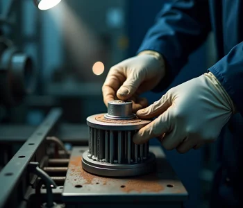 Tecnico in officina ispeziona un portaspazzole di motore elettrico con depositi di polvere di carbone