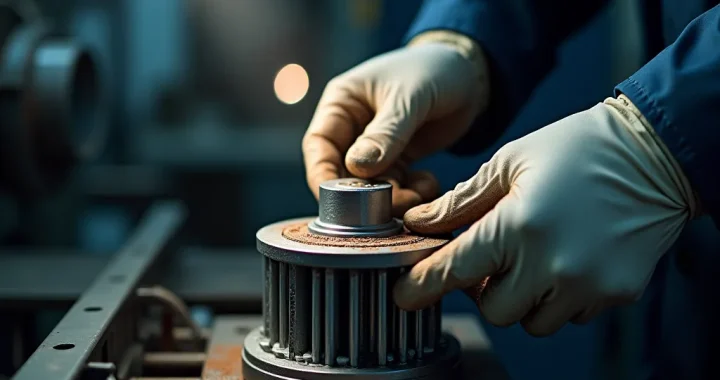 Tecnico in officina ispeziona un portaspazzole di motore elettrico con depositi di polvere di carbone