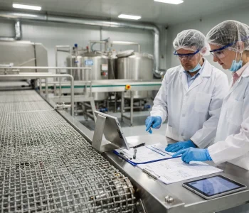 Audit qualità in uno stabilimento alimentare con controllo documentale di un nastro inox